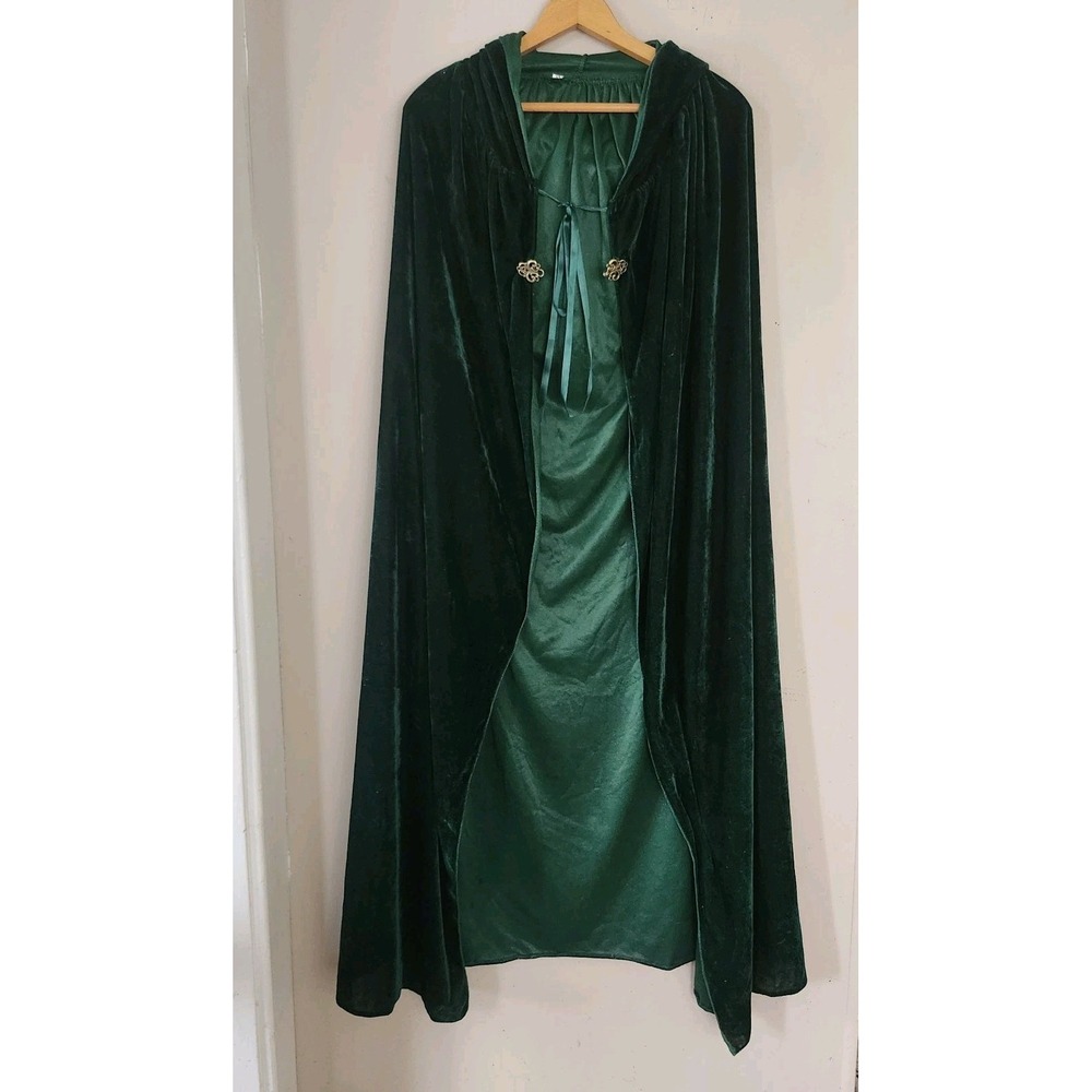 Medieval Hooded Cloak Womens XL Green Velvet Halloween Renaissance Costume Clips
